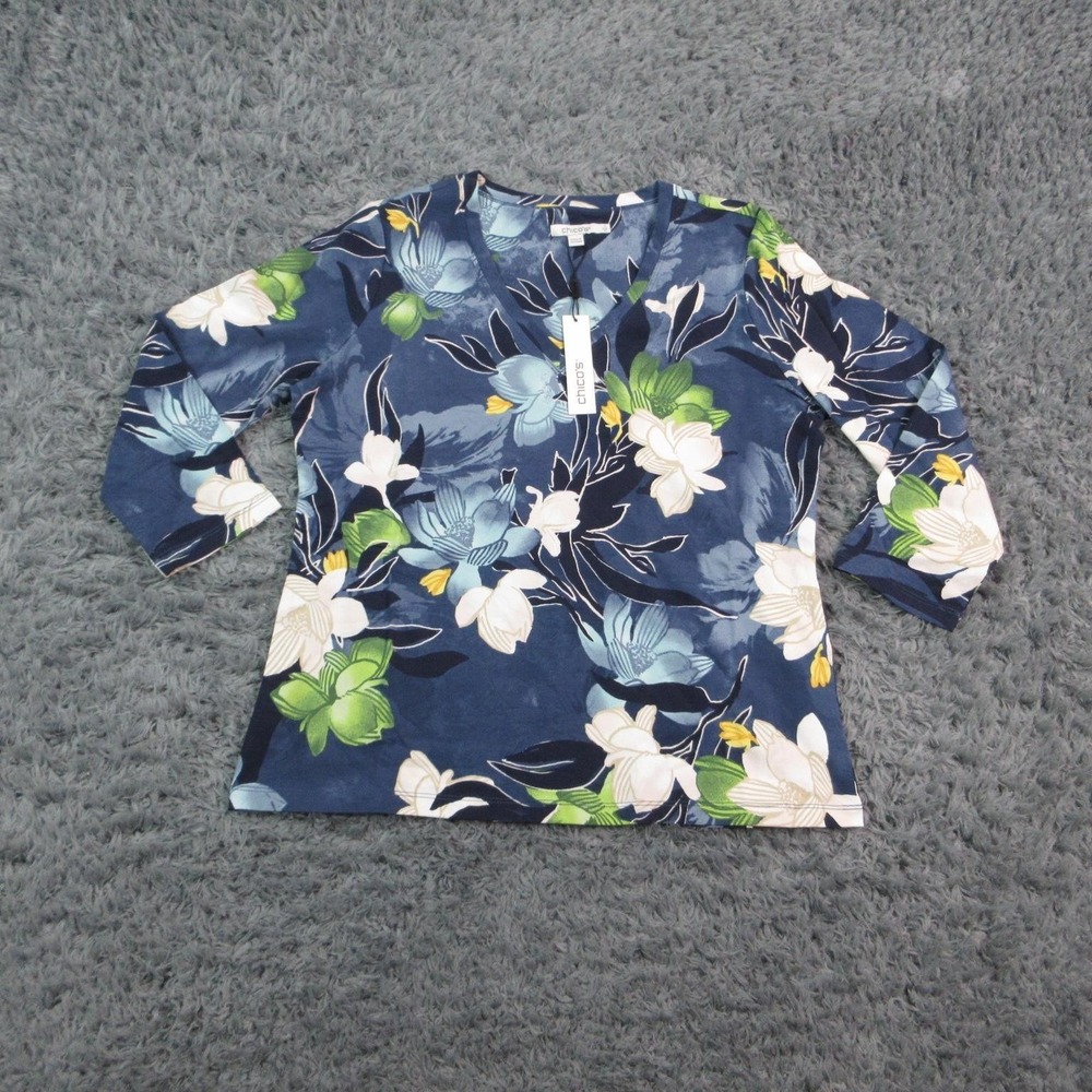 Chico's Shirt Womens M Blue Floral V-Neck 3/4 Sleeve Cotton Spandex Blouse NWT